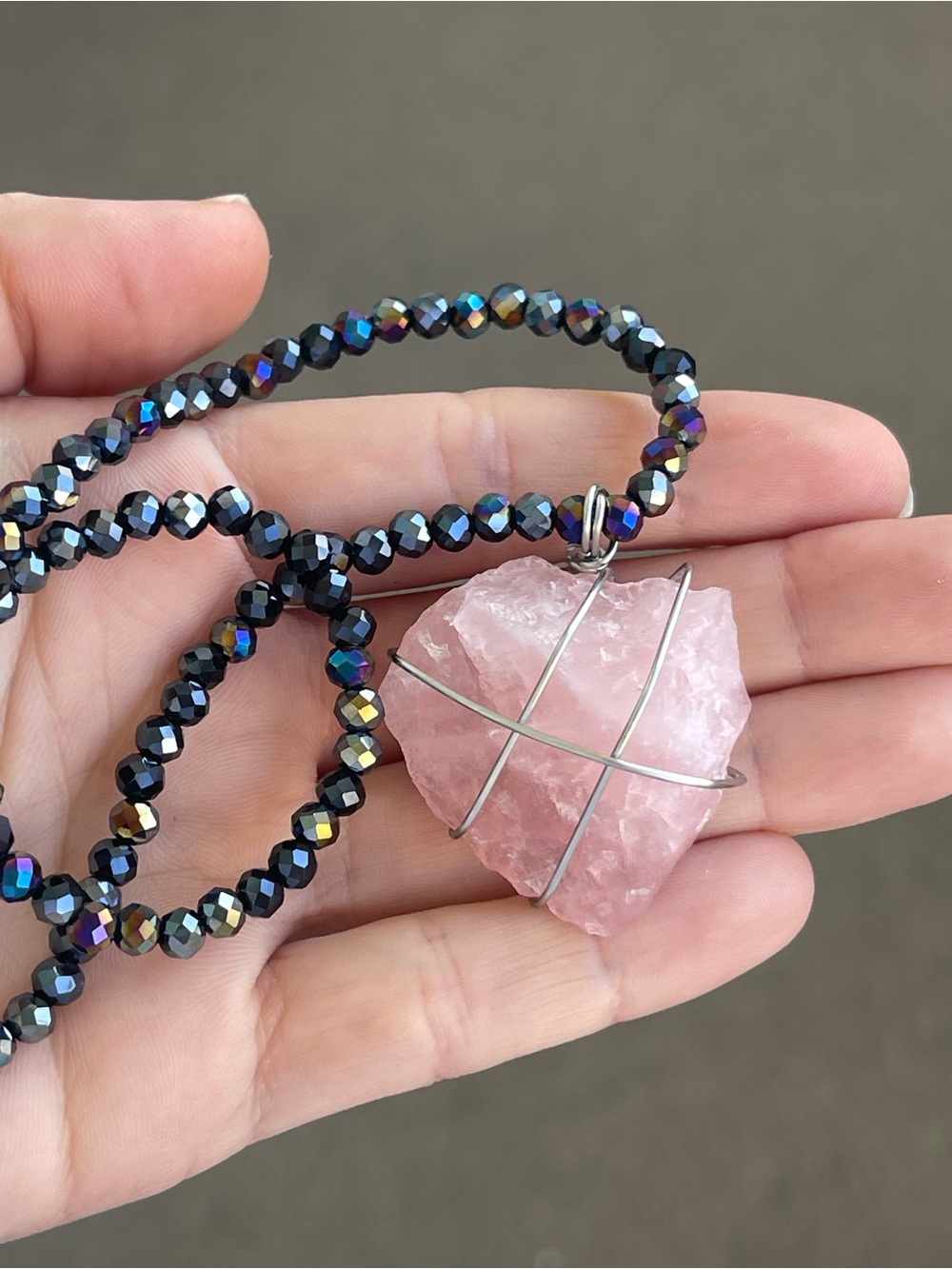 Raw Rose Quartz Stainless Steel Wire Wrap Necklace Black Iridescent Glass Beads